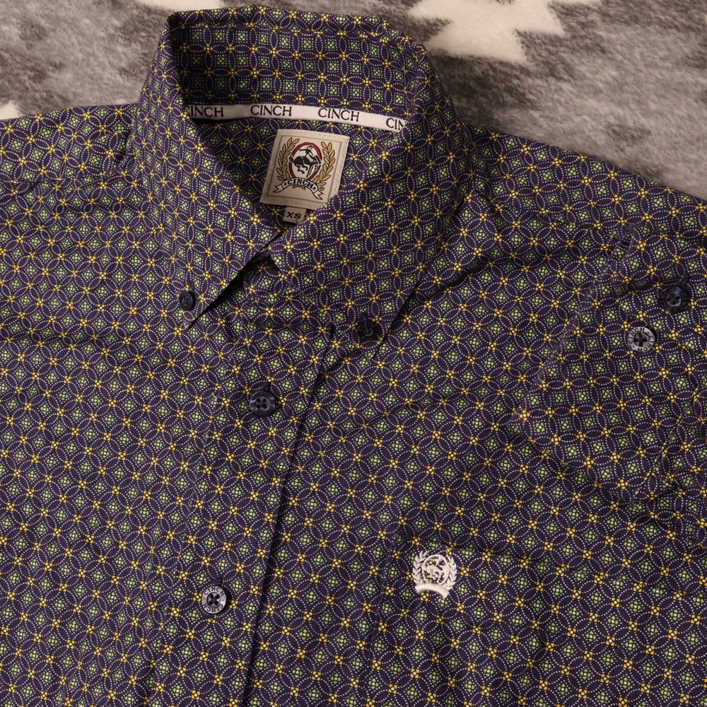 Cinch Mens XS Western Button Down Shirt Navy Blue Geometric Print 100% Cotton